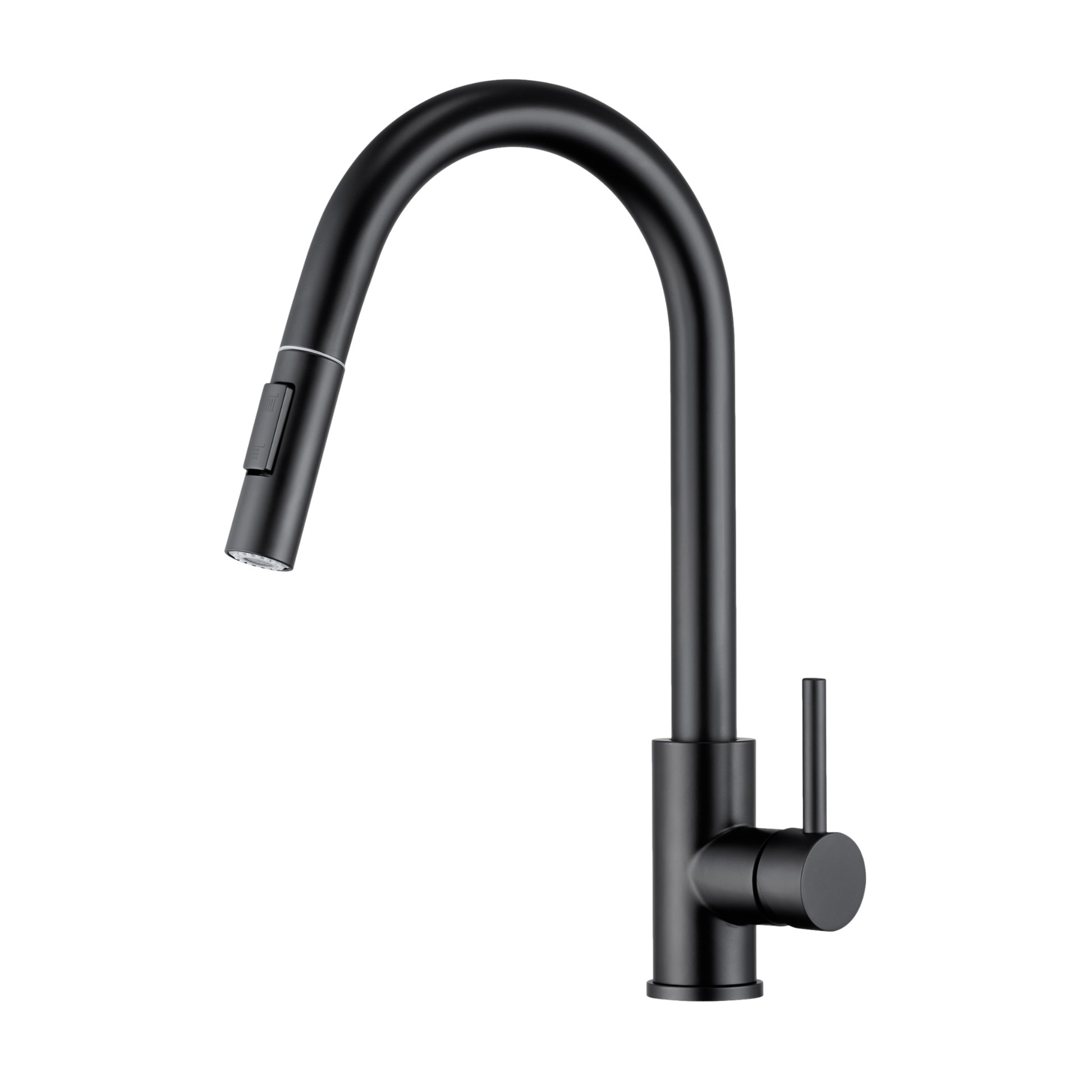 Mat zwarte keukenkraan met uittrekbare uitloop en twee verschillende sproeistanden.